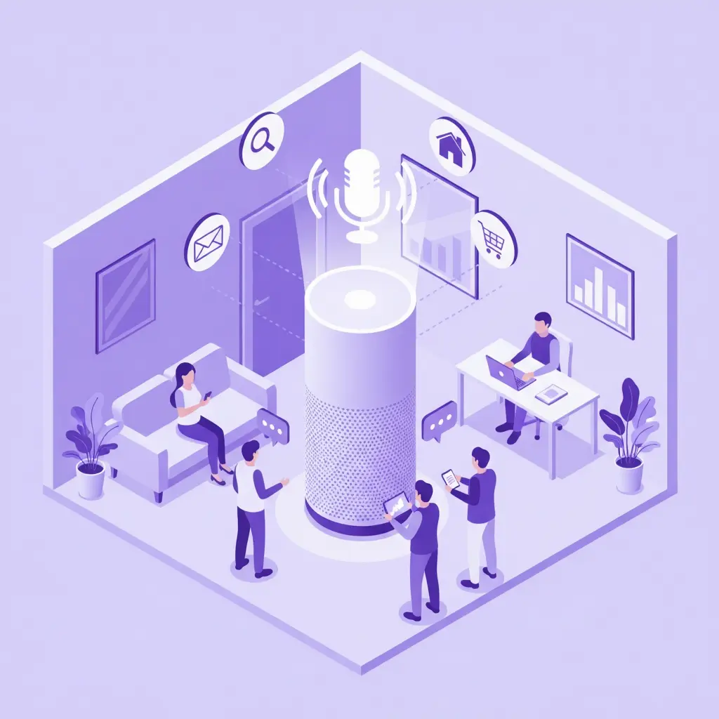 Purple isometric illustration of people using a central AI voice assistant (smart speaker). Tools used by a digital marketing expert in Qatar.