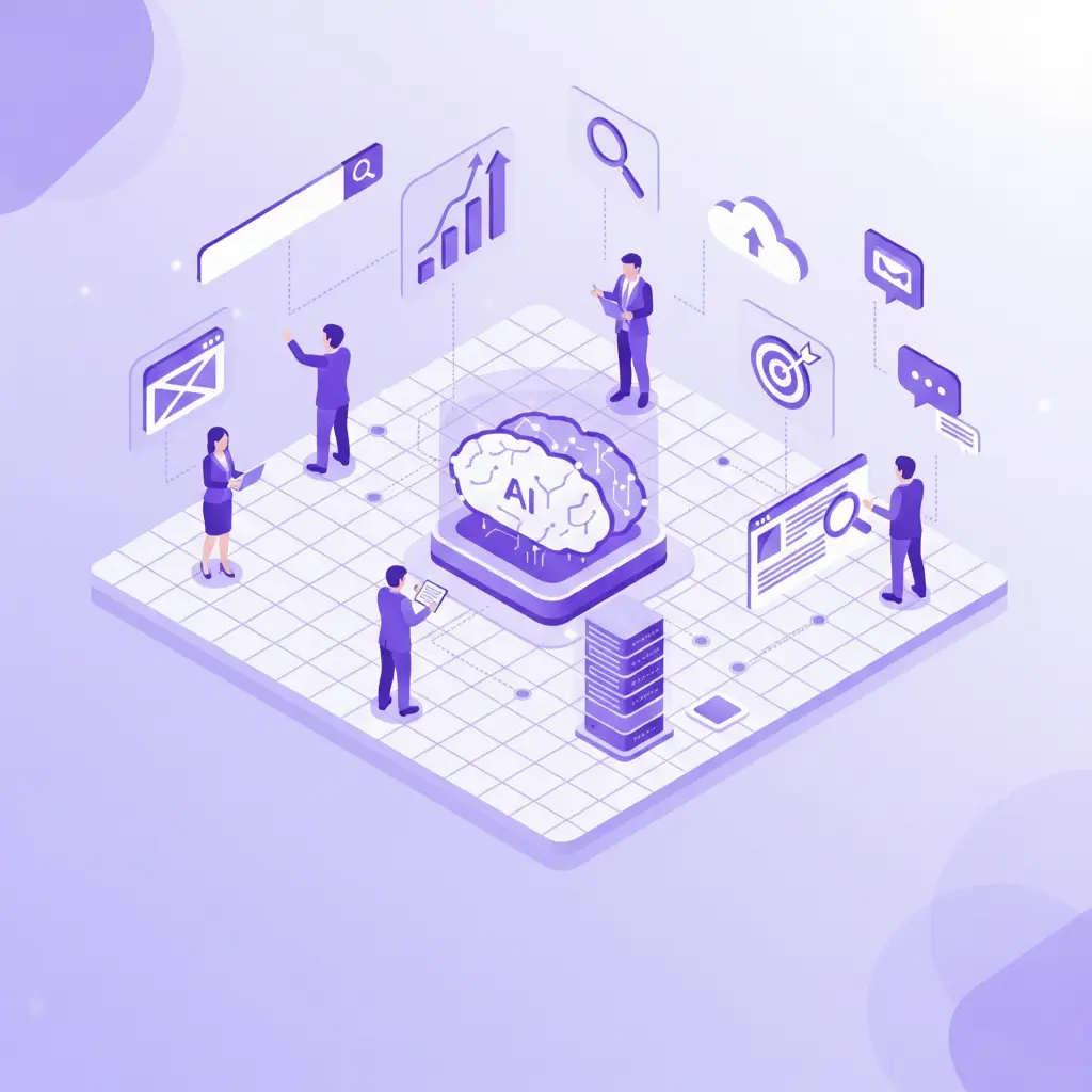 Isometric illustration showing people surrounding a central AI brain and data server, with search and marketing icons. AI and data services by a digital marketing expert in Qatar.