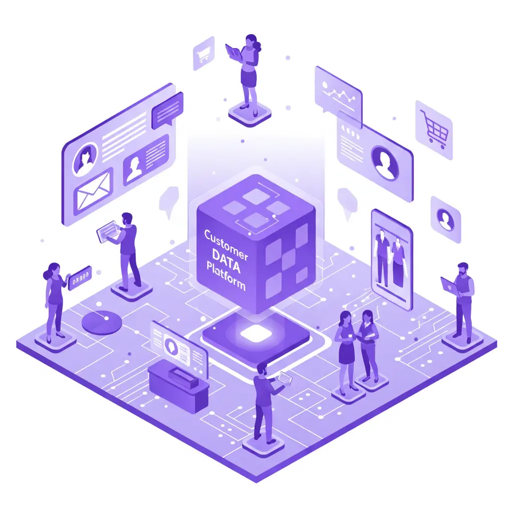 Isometric illustration of a central Customer Data Platform (CDP) cube, showing people and various data streams. Concept for a digital marketing expert in Qatar.